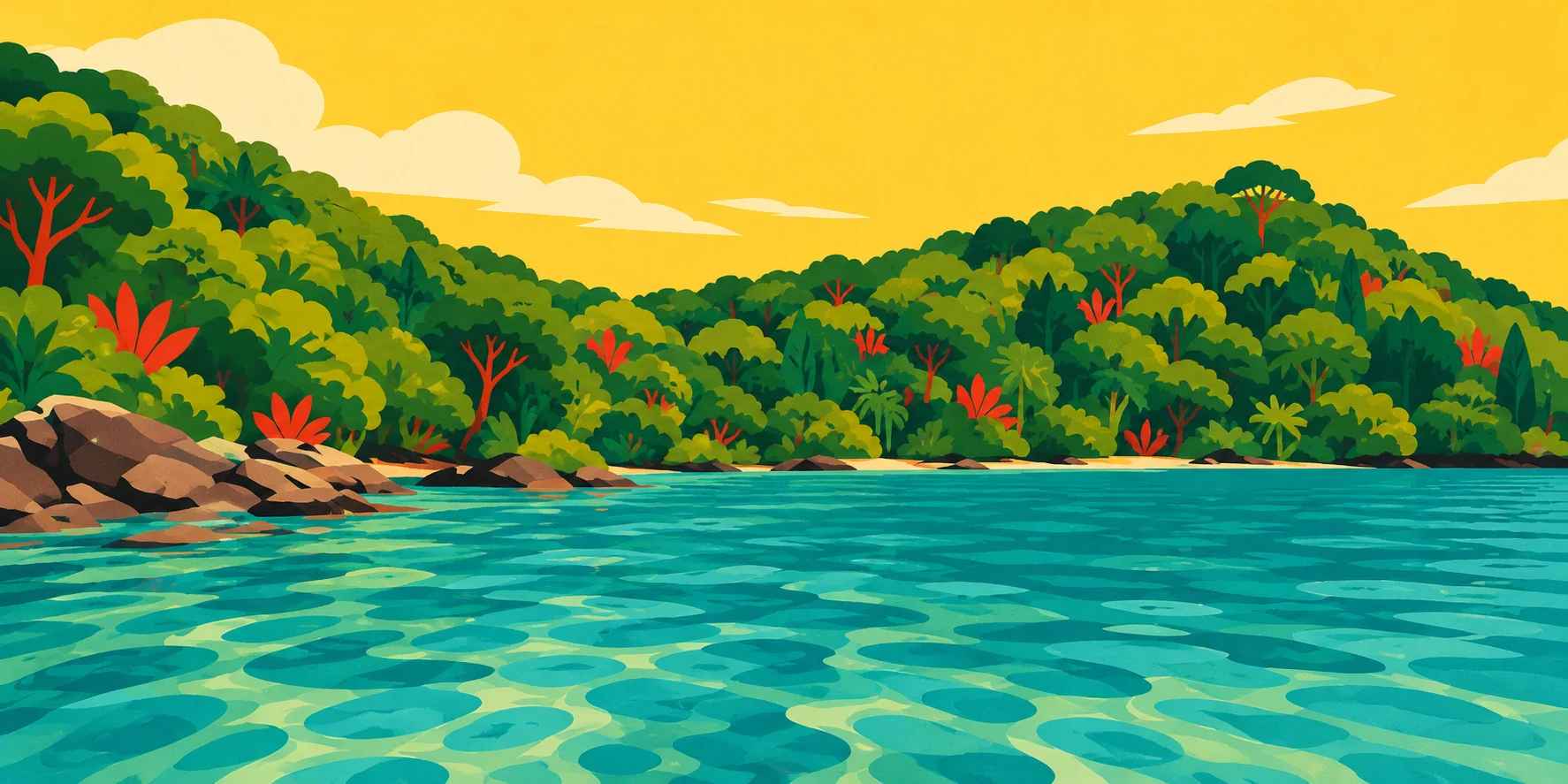 Illustration ENVIE d’une baie calédonienne bordée de forêt