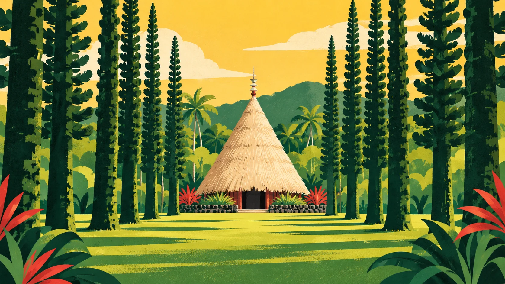 Illustration ENVIE d’une case kanak entourée de pins colonnaires
