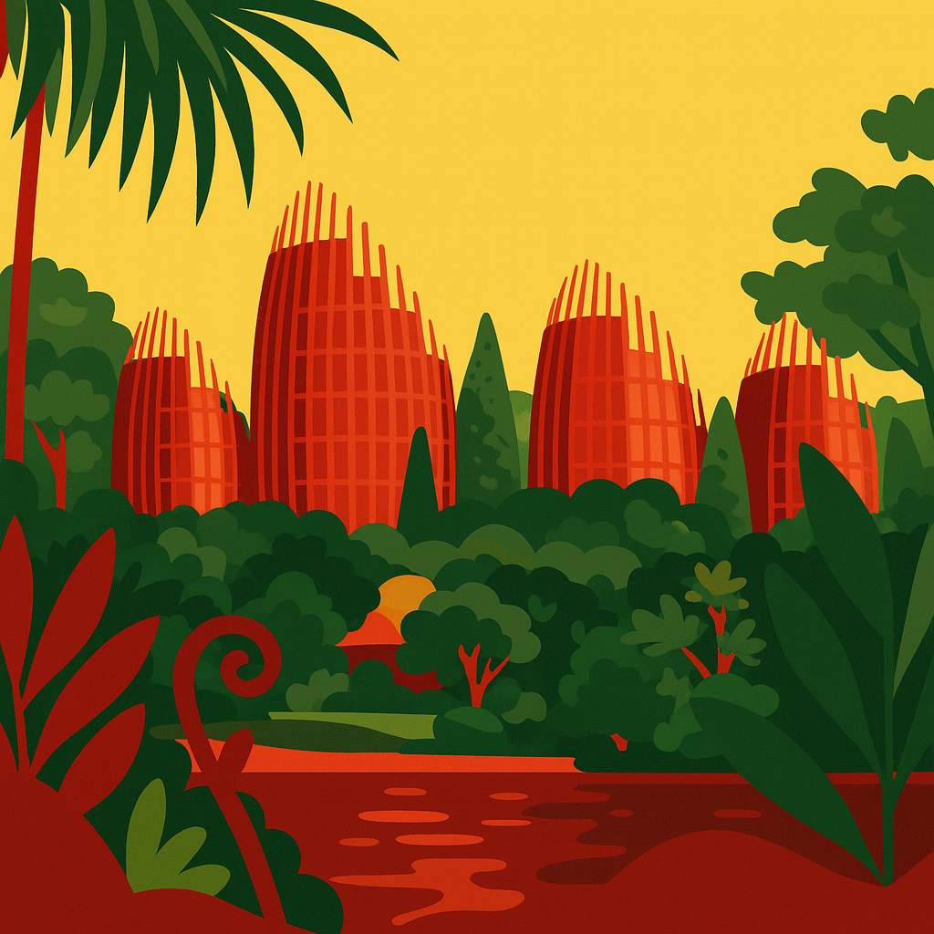 Illustration ENVIE inspirée du Centre culturel Tjibaou dans un paysage tropical calédonien