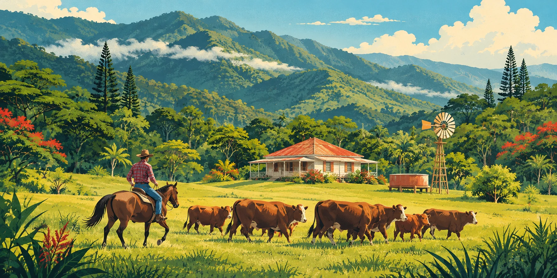 Illustration ENVIE d’un paysage rural calédonien avec maison, éolienne, stockman et bétail