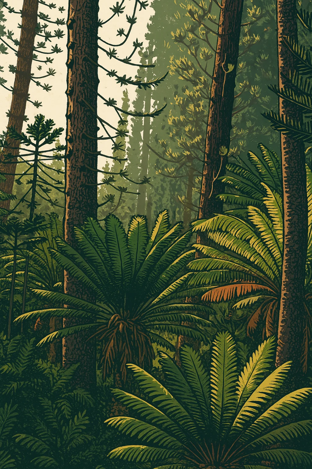 Illustration ENVIE de la forêt calédonienne, avec cycas et pins colonnaires