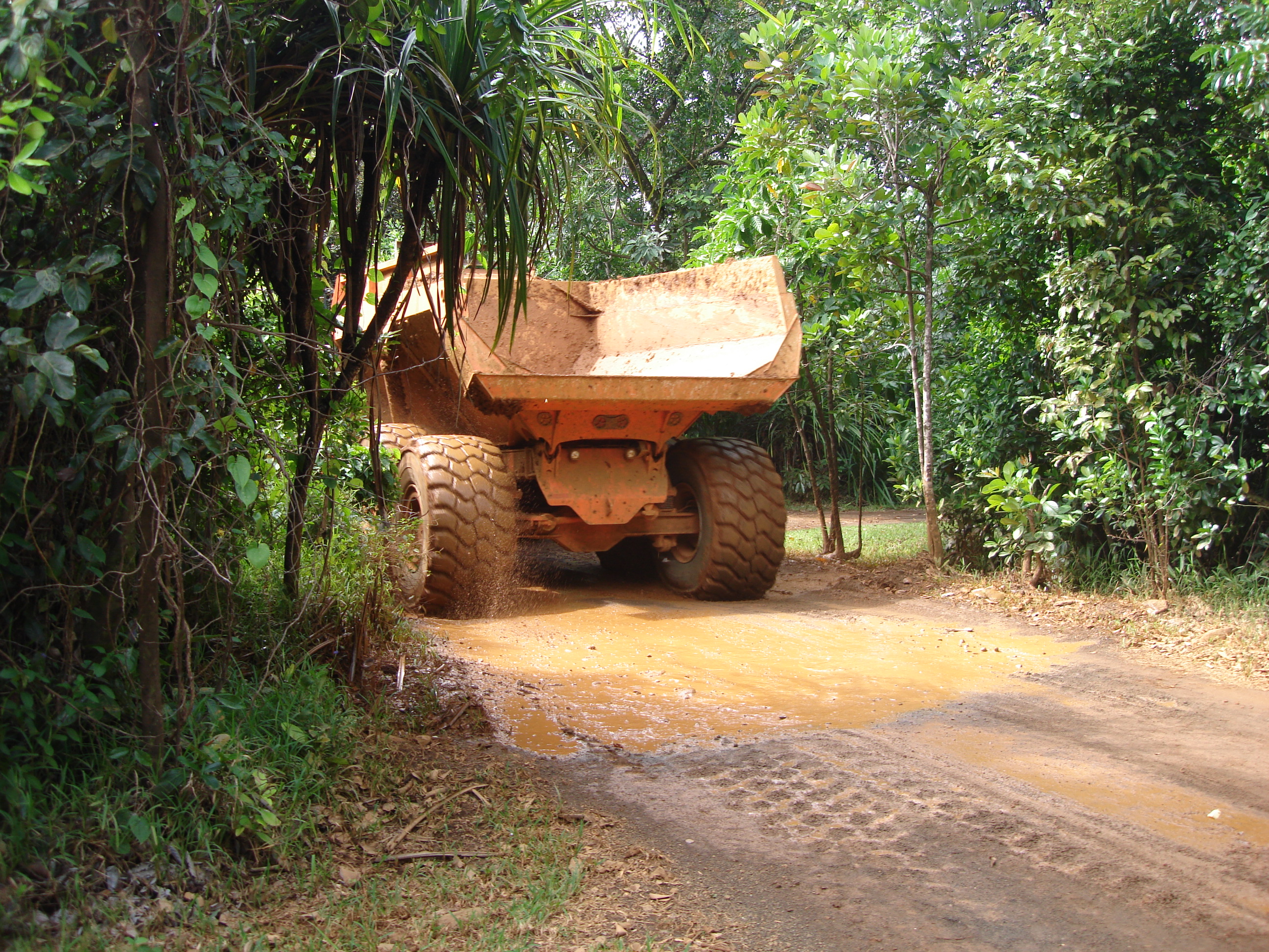 Engin circulant sur une piste boueuse en milieu végétalisé